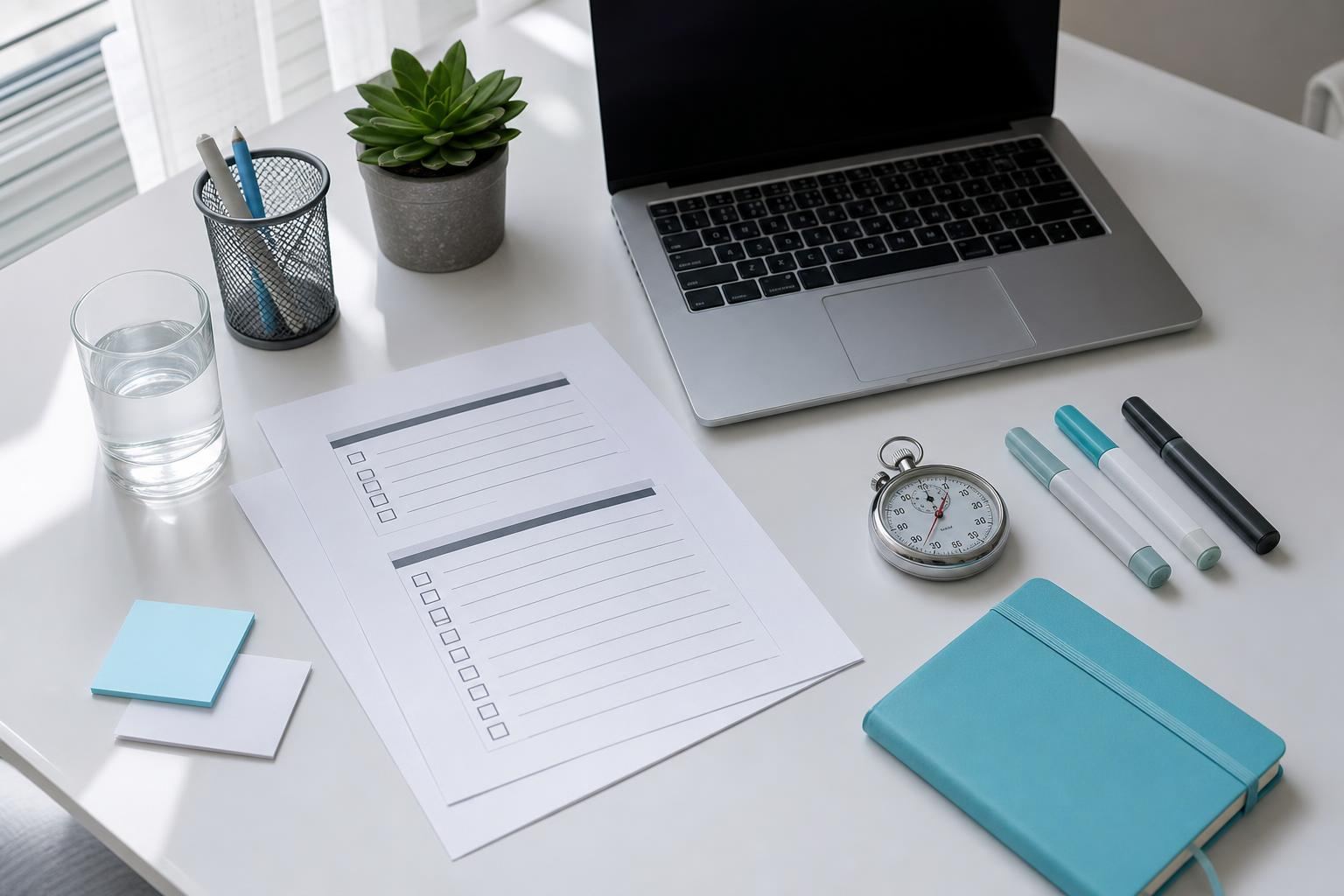 Bureau organise avec listes de controle et chronometre pour derouler un protocole de test